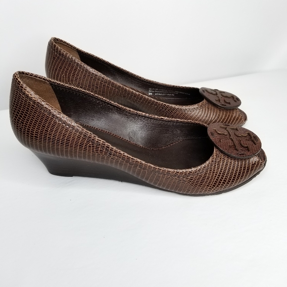 Tory Burch Shoes - TORY BURCH Brown Peep Toe Wedges Size 9